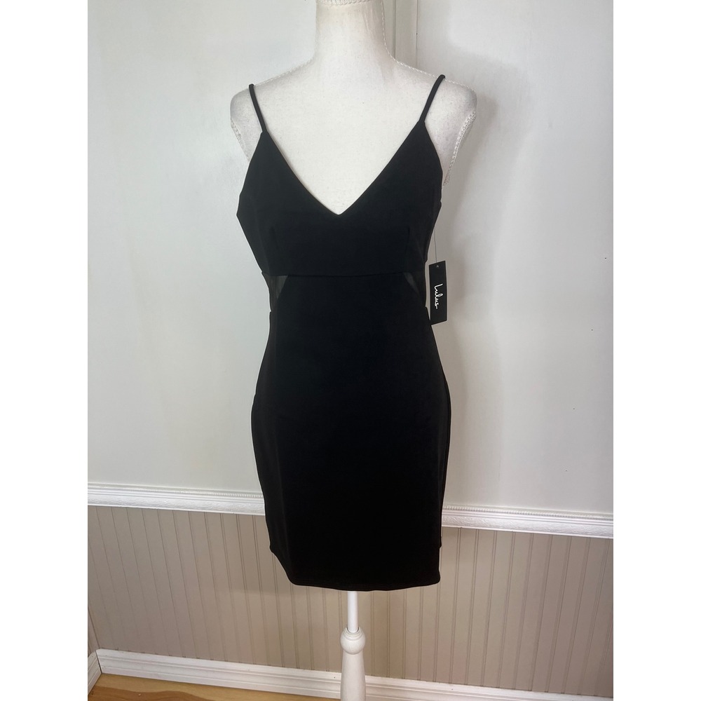 Lulus Black Mesh Cutout Bodycon Mini Dress V-Neck Size M NWT